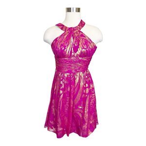 Aiden Maddox Fuschia Gold Metallic Crossback Short Dress Sz 0 Silk Blend